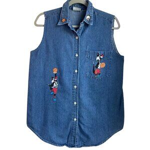 Vintage Sylvester The Cat Jean Denim Sleeveless Button Shirt Basketball Embroide
